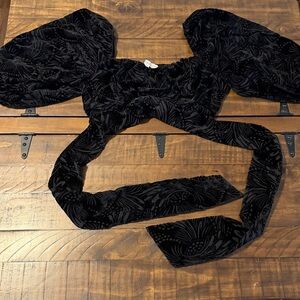 Black Velvet Puff-Sleeve Tie-Front Crop Top